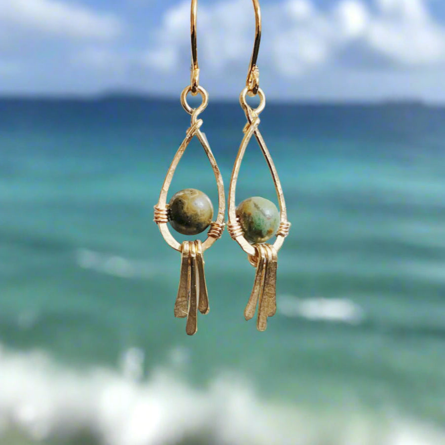 African Turquoise Gold & Brass Earrings | Handmade Teardrop Dangle Earrings | Boho Artisan Jewelry | Transformation Stone Energy