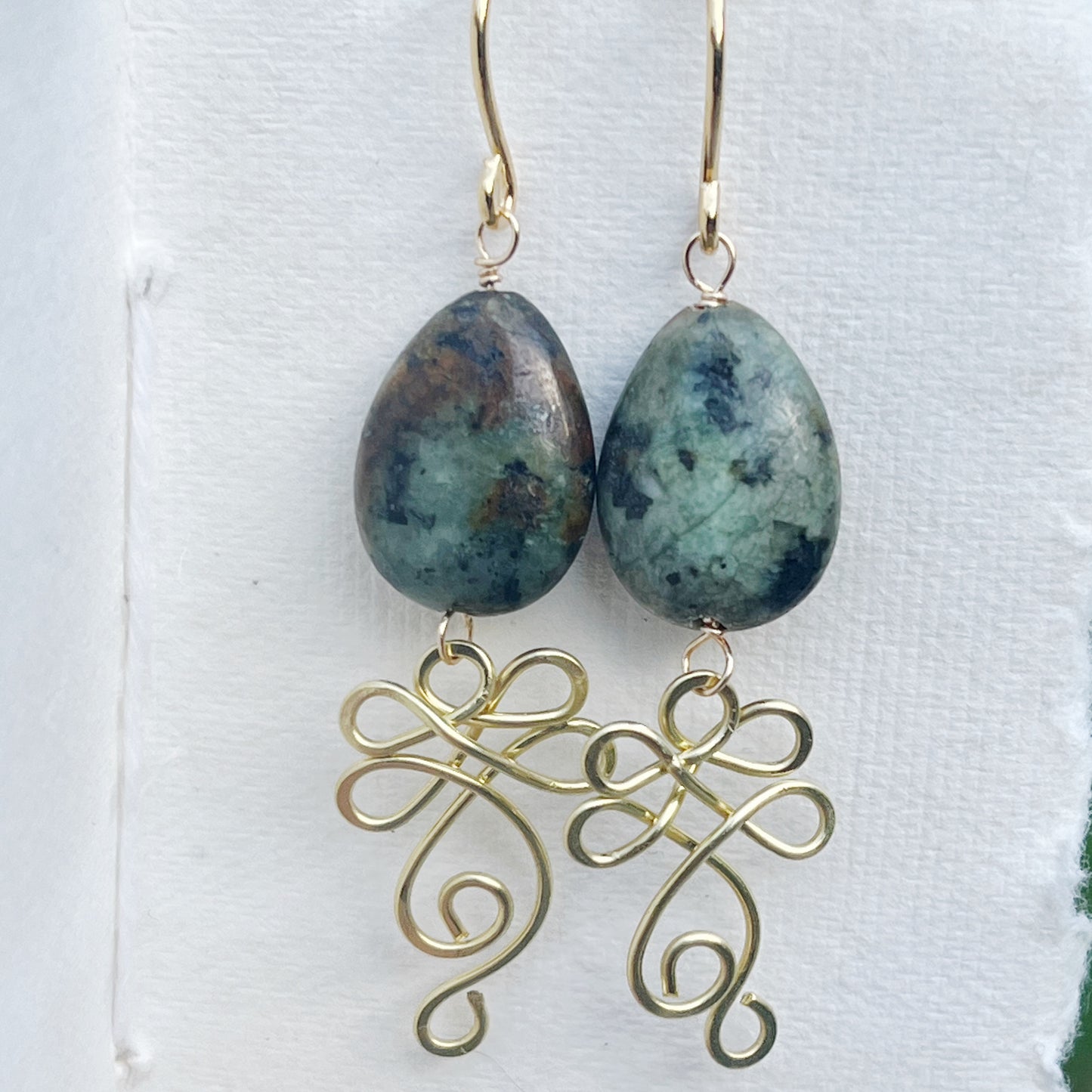 African Turquoise Gold & Brass Earrings | Handmade Teardrop Dangle Earrings | Boho Artisan Jewelry | Transformation Stone Energy