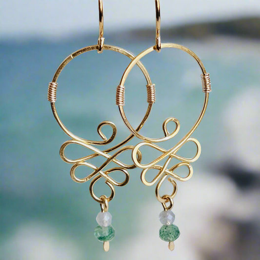 Gold Toned Brass Scroll Earrings- Handcrafted Bohemian Wire Wrapped Earrings with Labradorite and Green Aventurine