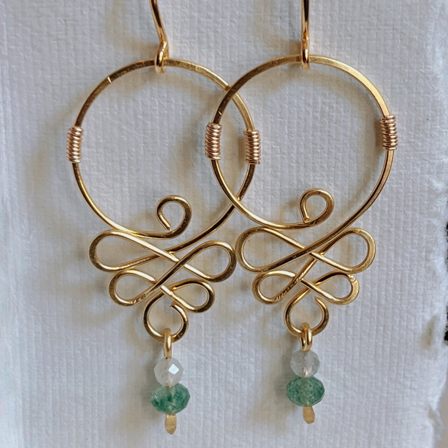 Gold Toned Brass Scroll Earrings- Handcrafted Bohemian Wire Wrapped Earrings with Labradorite and Green Aventurine