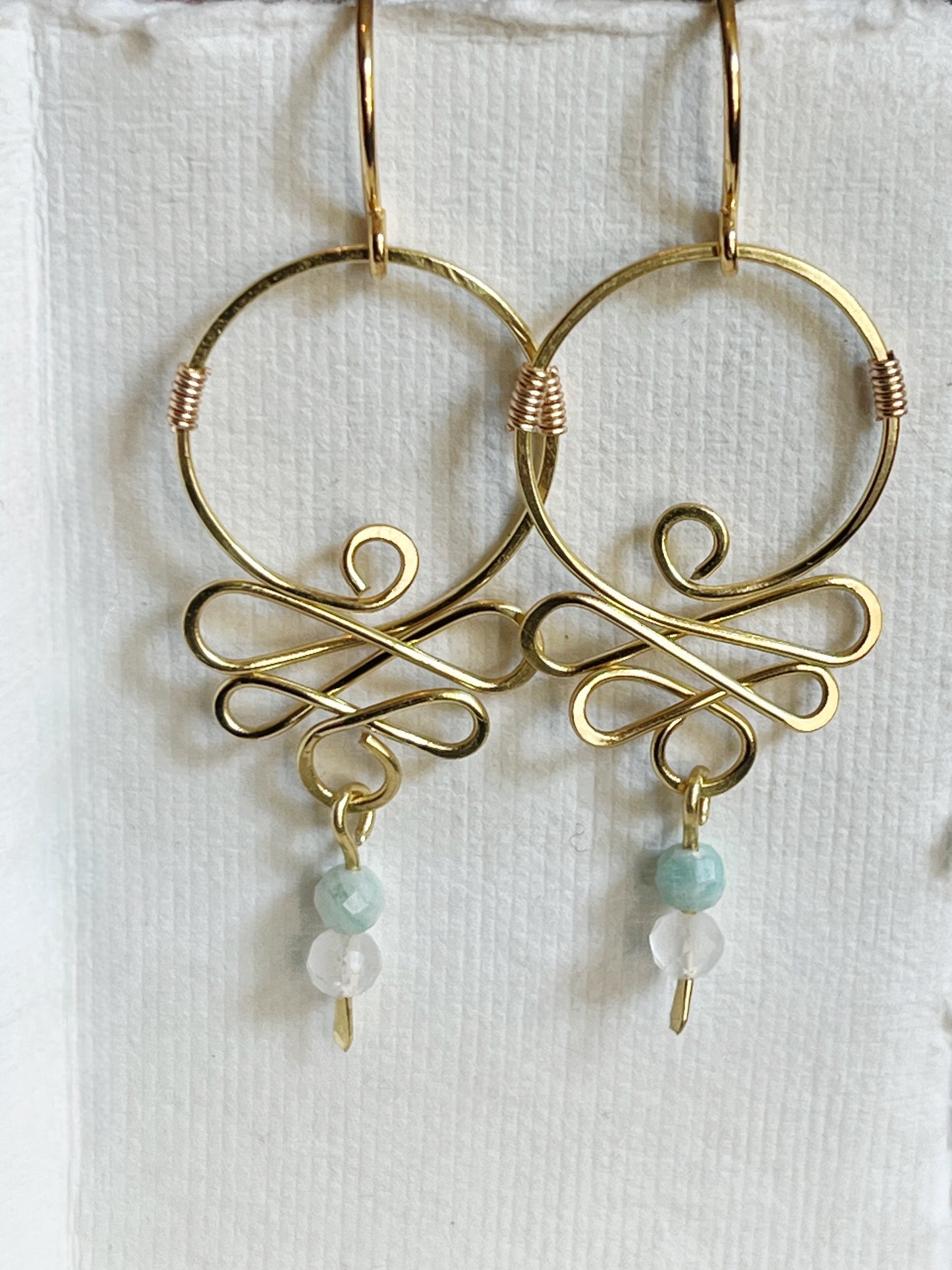 Gold Toned Brass Scroll Earrings- Handcrafted Bohemian Wire Wrapped Earrings with Larimar and Moonstone