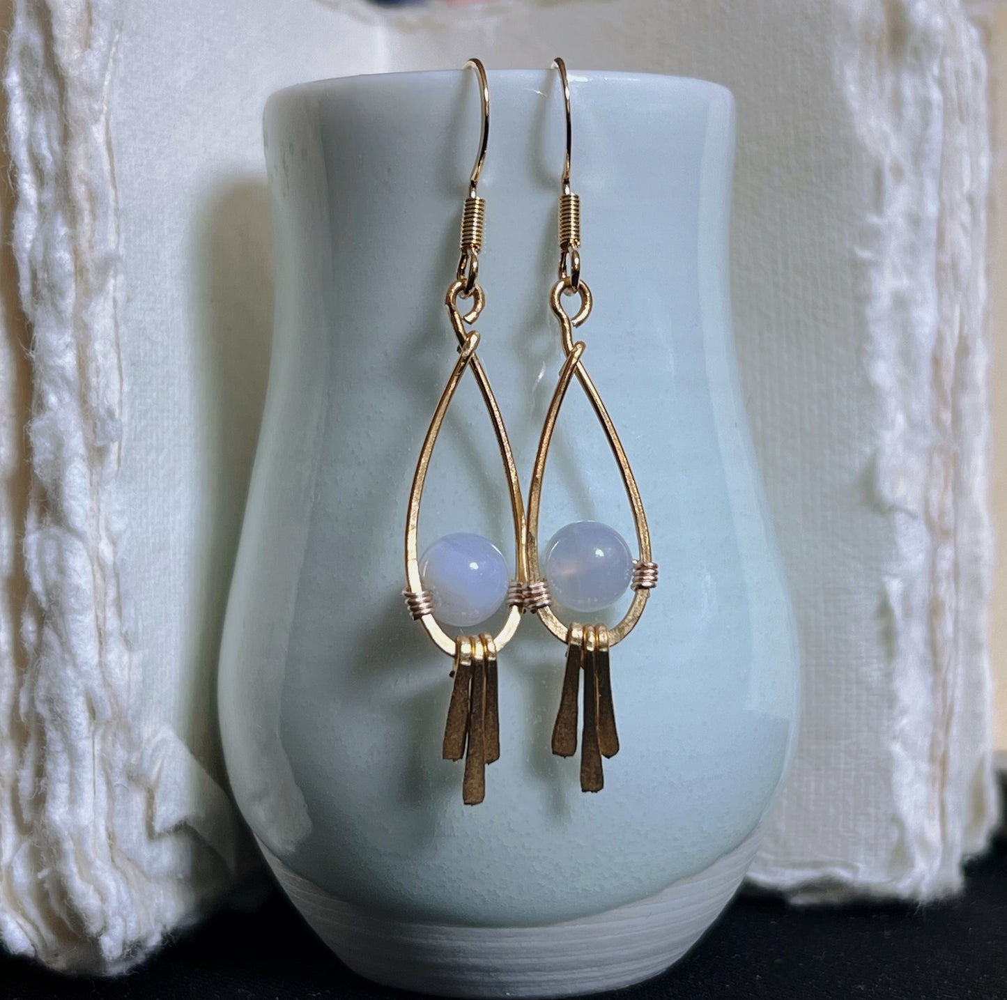 Blue Lace Agate Golden Brass Earrings | Handmade Teardrop Dangle Earrings | Boho Artisan Jewelry | Calming Stone Energy |