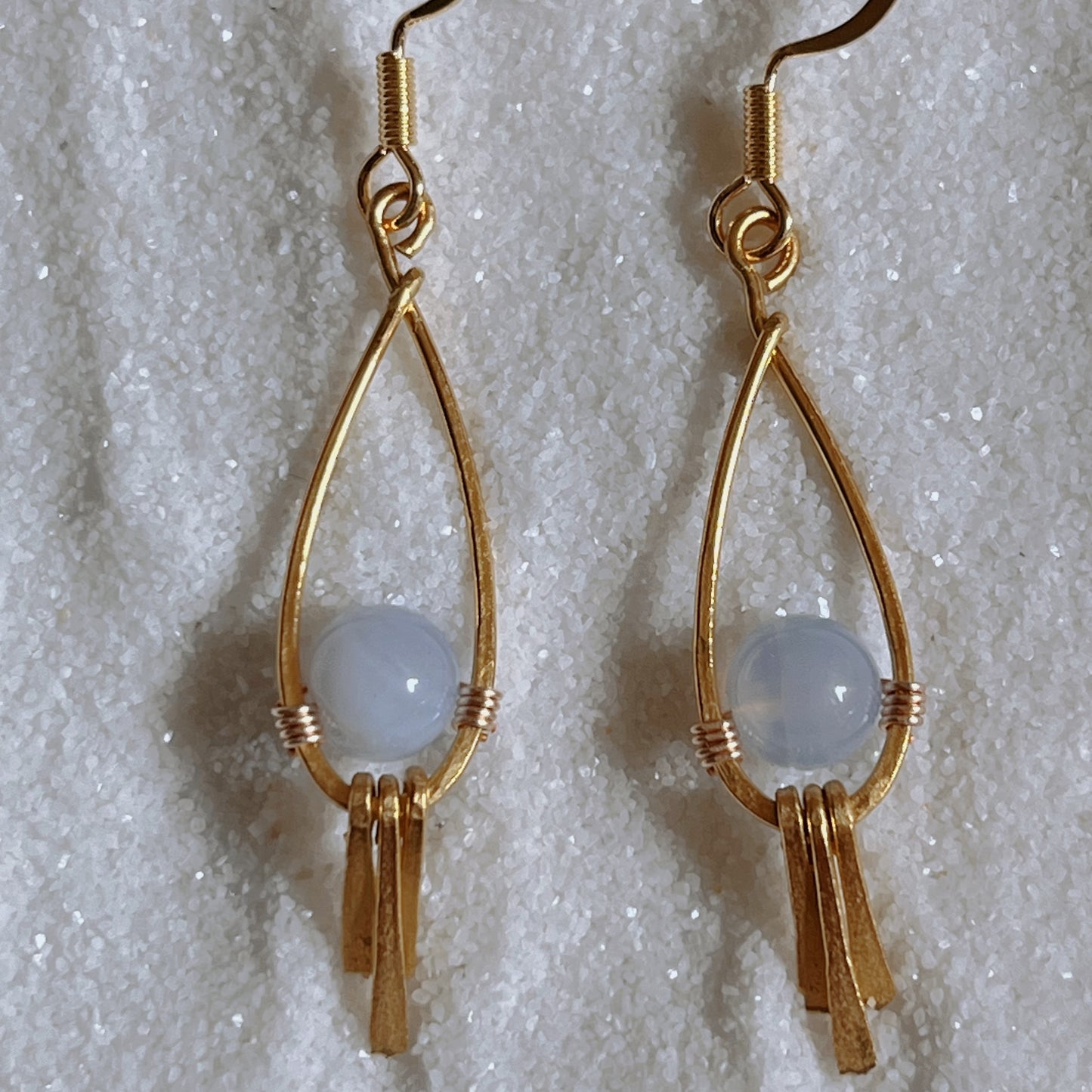 Blue Lace Agate Golden Brass Earrings | Handmade Teardrop Dangle Earrings | Boho Artisan Jewelry | Calming Stone Energy |