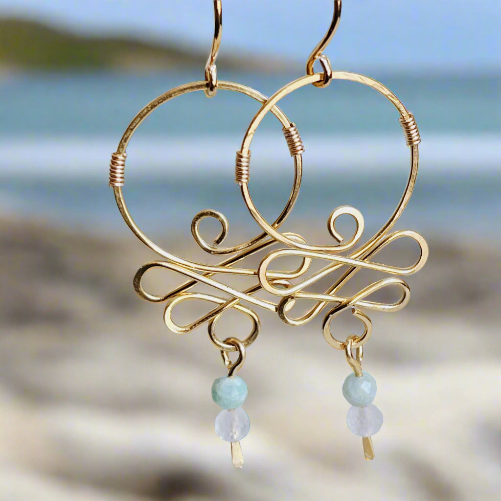 Gold Toned Brass Scroll Earrings- Handcrafted Bohemian Wire Wrapped Earrings with Larimar and Moonstone