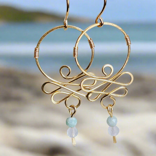 Gold Toned Brass Scroll Earrings- Handcrafted Bohemian Wire Wrapped Earrings with Larimar and Moonstone
