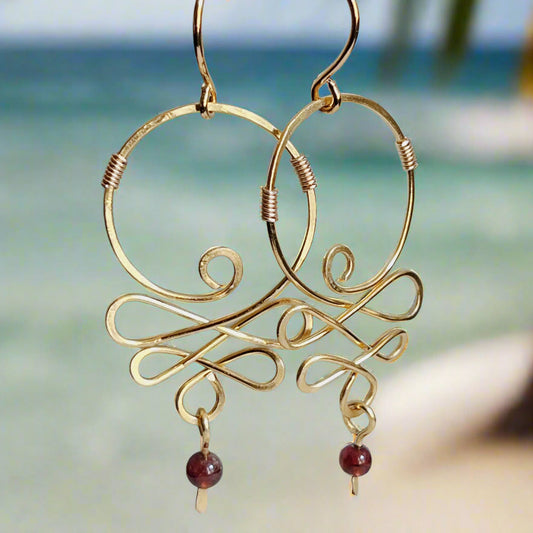 Gold Toned Brass Scroll Earrings- Handcrafted Bohemian Wire Wrapped Earrings with Garnet