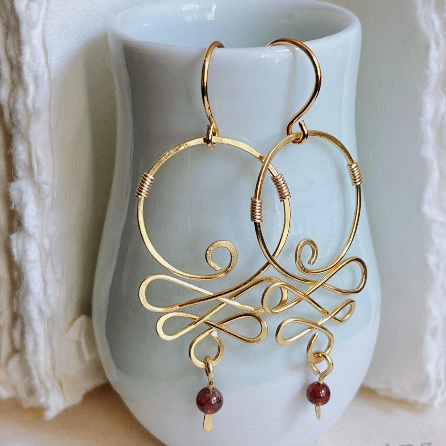 Gold Toned Brass Scroll Earrings- Handcrafted Bohemian Wire Wrapped Earrings with Garnet