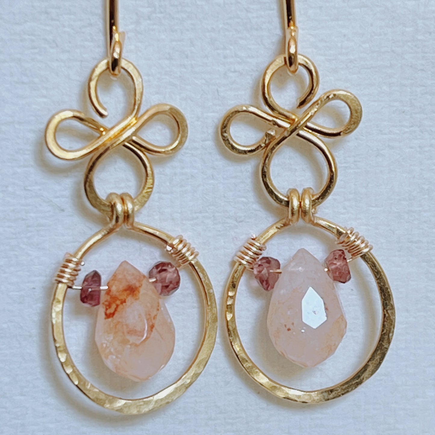 Boho Brass Gold Earrings with Red Hematoid Quartz- Handmade Fire Quartz Jewlery Gift for Her, Grounding & Clarity Crystal Dangle Earrings