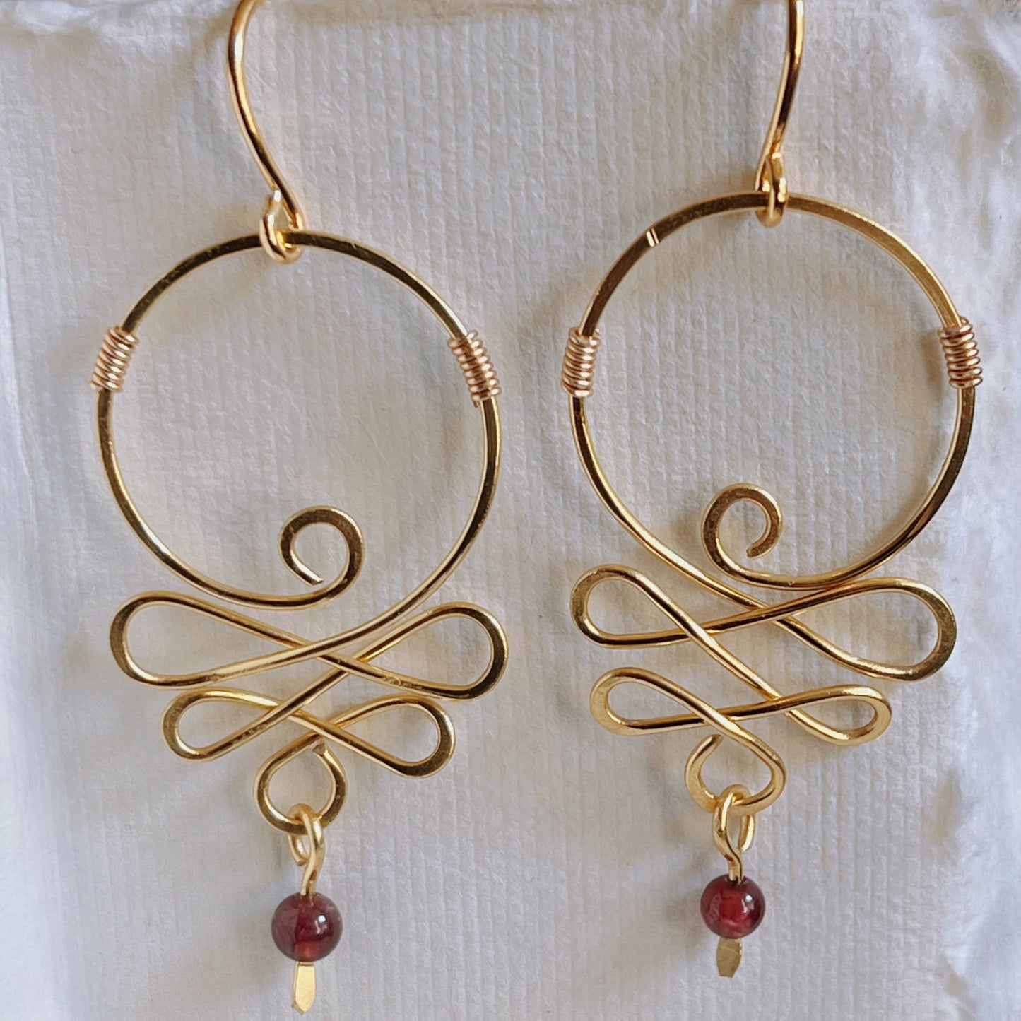 Gold Toned Brass Scroll Earrings- Handcrafted Bohemian Wire Wrapped Earrings with Garnet