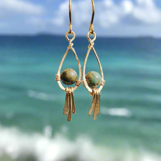 African Turquoise Gold & Brass Earrings | Handmade Teardrop Dangle Earrings | Boho Artisan Jewelry | Transformation Stone Energy