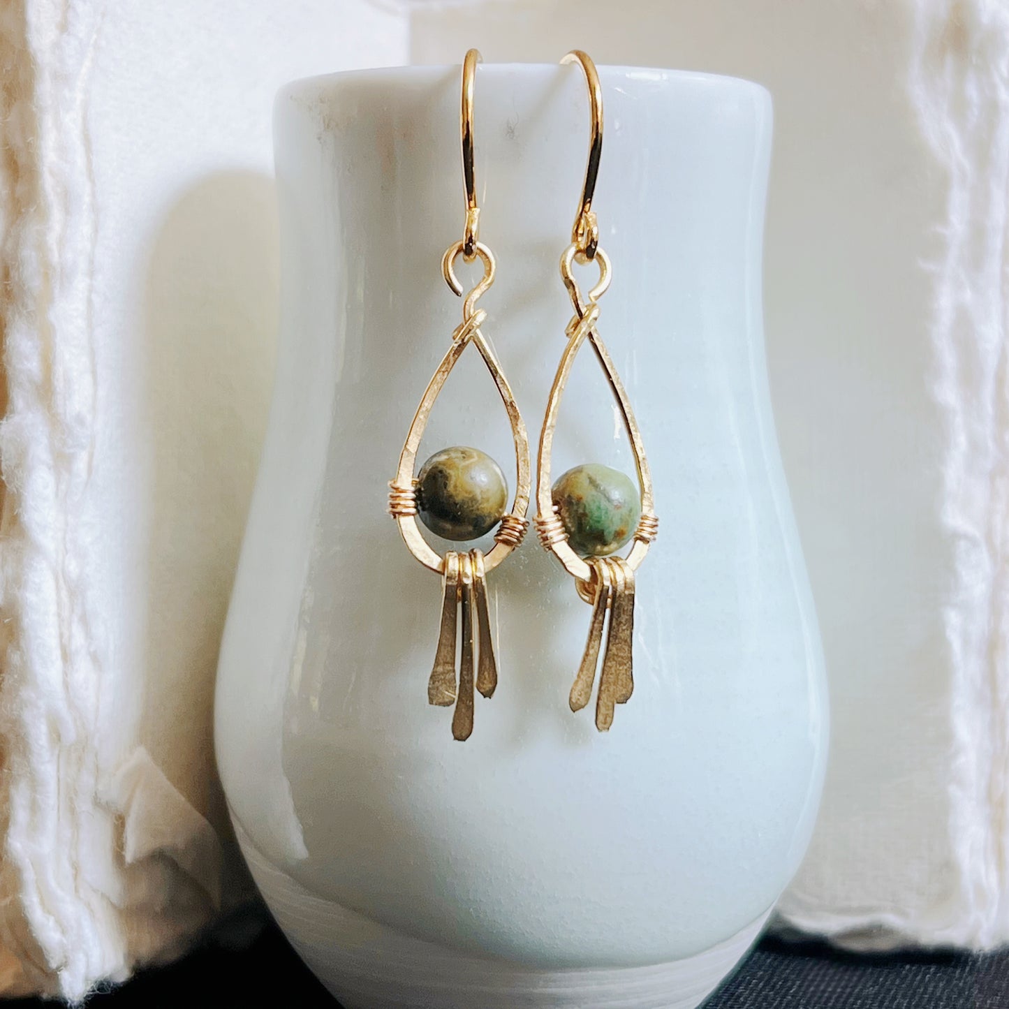 African Turquoise Gold & Brass Earrings | Handmade Teardrop Dangle Earrings | Boho Artisan Jewelry | Transformation Stone Energy