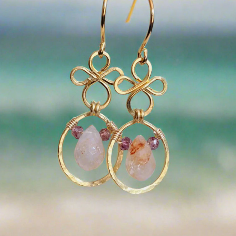 Boho Brass Gold Earrings with Red Hematoid Quartz- Handmade Fire Quartz Jewlery Gift for Her, Grounding & Clarity Crystal Dangle Earrings