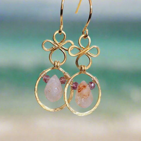 Boho Brass Gold Earrings with Red Hematoid Quartz- Handmade Fire Quartz Jewlery Gift for Her, Grounding & Clarity Crystal Dangle Earrings