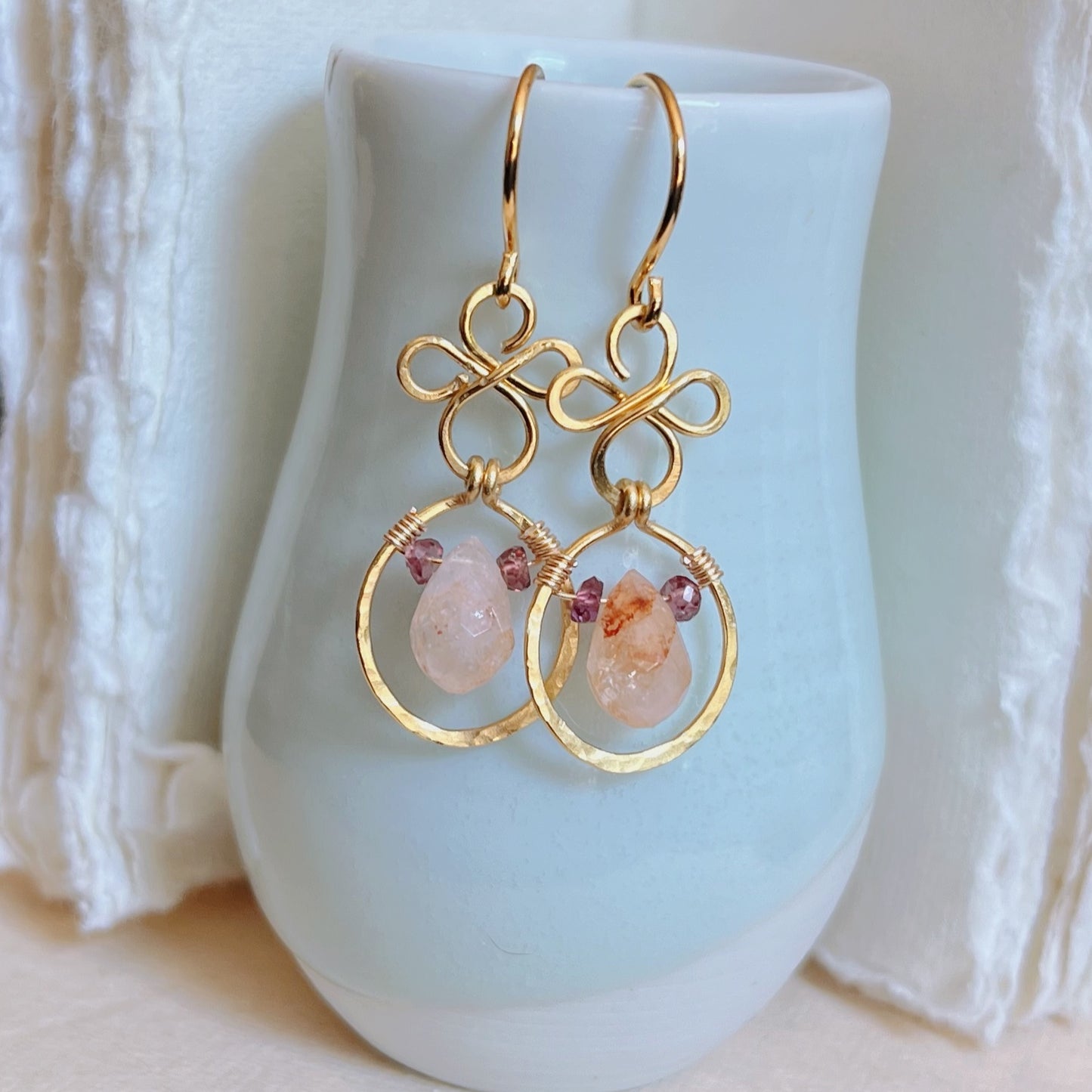 Boho Brass Gold Earrings with Red Hematoid Quartz- Handmade Fire Quartz Jewlery Gift for Her, Grounding & Clarity Crystal Dangle Earrings