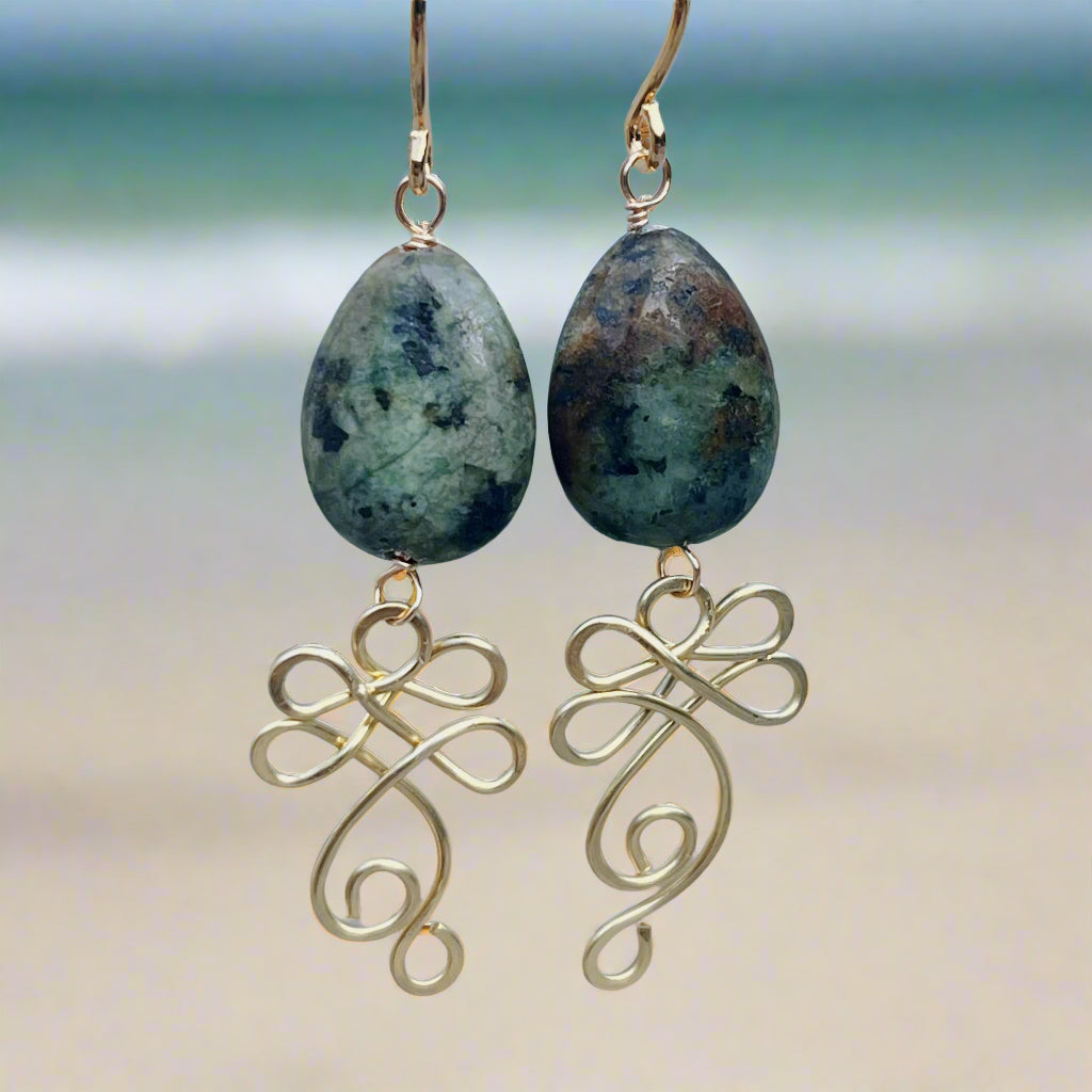 African Turquoise Gold & Brass Earrings | Handmade Teardrop Dangle Earrings | Boho Artisan Jewelry | Transformation Stone Energy