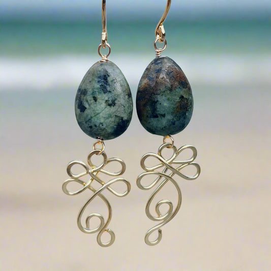African Turquoise Gold & Brass Earrings | Handmade Teardrop Dangle Earrings | Boho Artisan Jewelry | Transformation Stone Energy