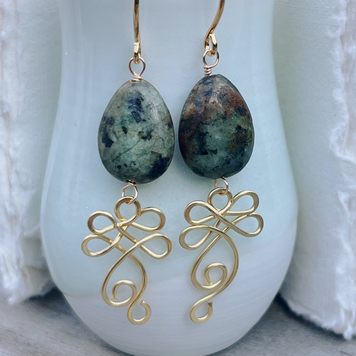 African Turquoise Gold & Brass Earrings | Handmade Teardrop Dangle Earrings | Boho Artisan Jewelry | Transformation Stone Energy