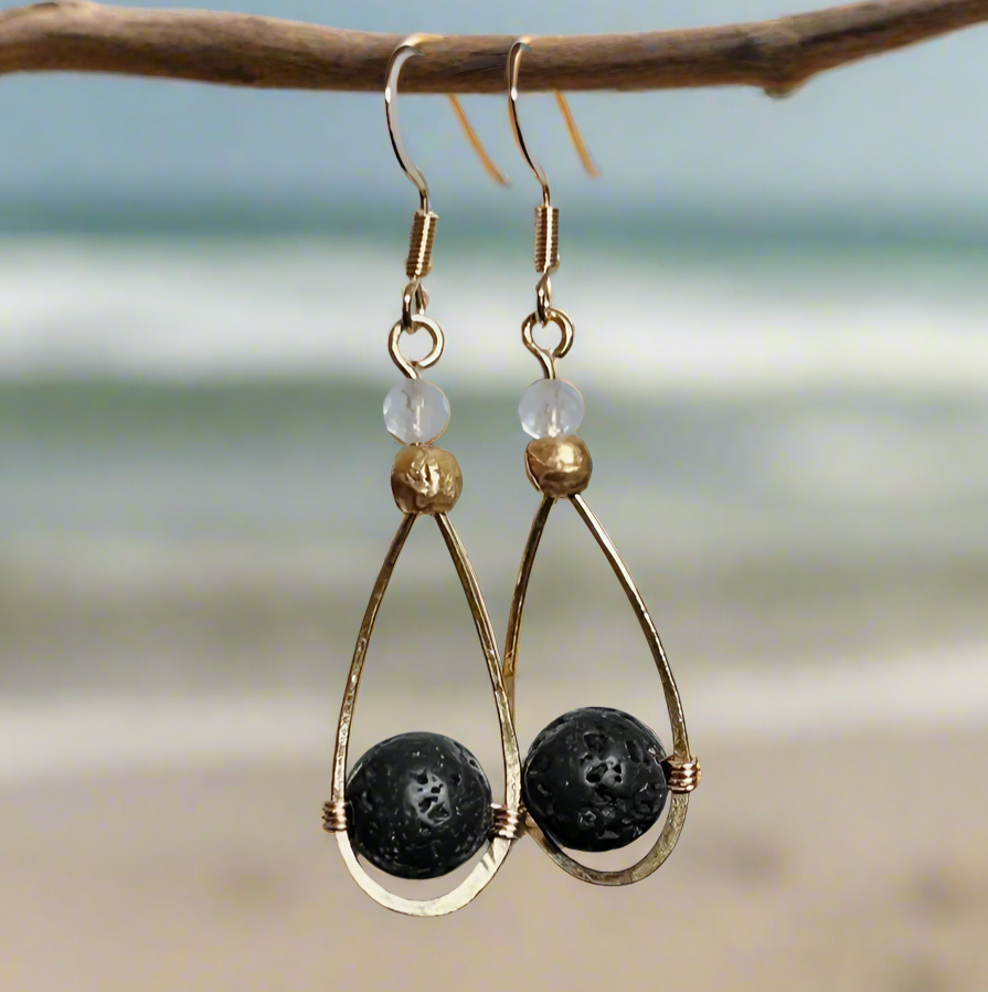 Lava Rock and Moonstone Gold & Brass Earrings | Handmade Teardrop Dangle Earrings | Boho Artisan Jewelry | Transformation Stone Energy