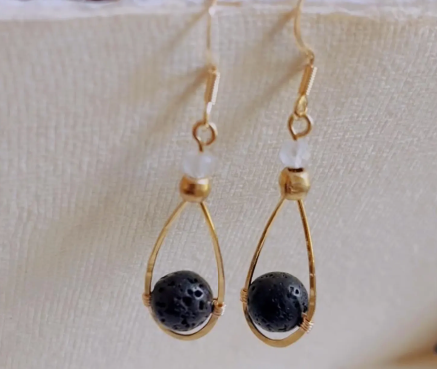 Lava Rock and Moonstone Gold & Brass Earrings | Handmade Teardrop Dangle Earrings | Boho Artisan Jewelry | Transformation Stone Energy