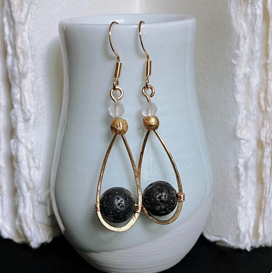 Lava Rock and Moonstone Gold & Brass Earrings | Handmade Teardrop Dangle Earrings | Boho Artisan Jewelry | Transformation Stone Energy